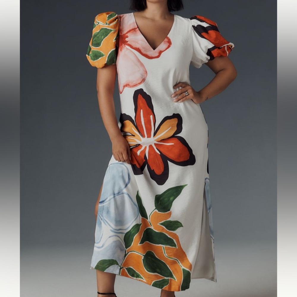 Anthropologie White Maxi Dress with Orange, Green & Blue Floral Print